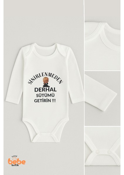 “sinirlenmeden Derhal Sütümü Getirin” Yazılı | %100 Pamuk Uzun Kollu Zıbın | 06-18 Ay Çıtçıtlı Body fiyatları