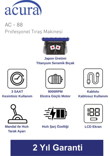 Acura Ac-88 Titanyum Seramik Bıçaklı Profesyonel Saç Tıraş Makinesi fiyatları