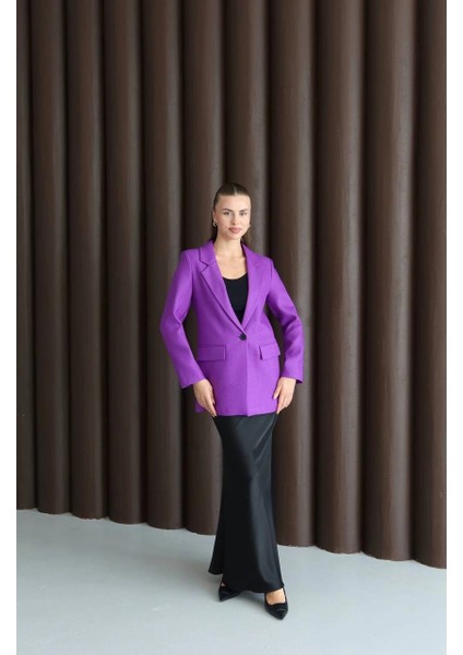 Yün Efekt Tek Düğme Mor Blazer Ceket