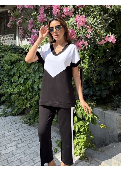 Eyesof Kadın Kısa Kollu V Yaka Siyah Beyaz Renkli Viskon Iki Iplik Kumaş Eşofman Takımı fiyatları