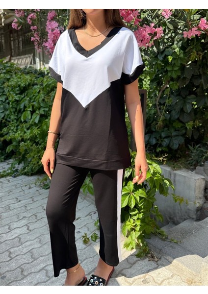 Eyesof Kadın Kısa Kollu V Yaka Siyah Beyaz Renkli Viskon Iki Iplik Kumaş Eşofman Takımı indirimleri