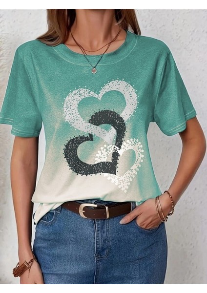 Eyesof Kadın Kısa Kollu Bisiklet Yaka Kalp Baskılı Süprem Bluz