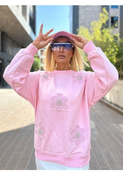 5756 Çiçekli Sweat Pembe