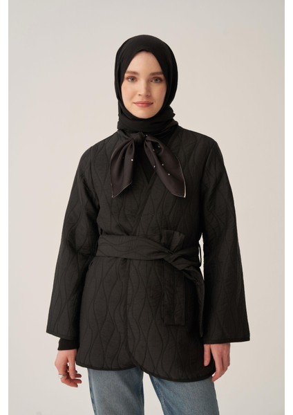 Siyah-Ince Kapitone Kruvaze Kuşaklı Ceket indirimleri