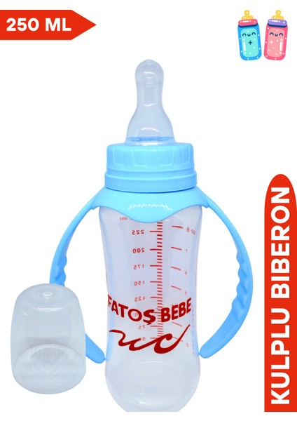 Mavi Renkli 250 ml Silikon Uçlu Kulplu Bebek Biberonu