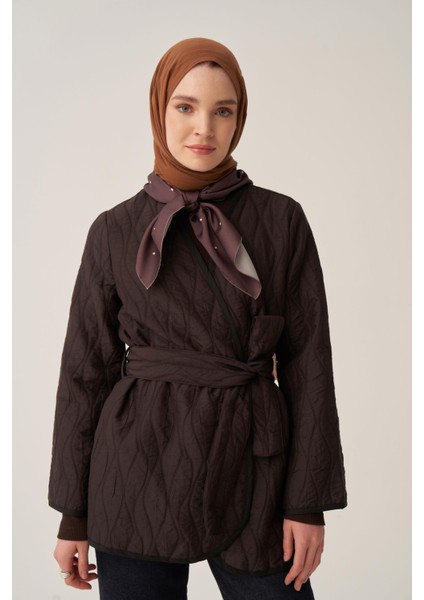 Acı Kahve-Ince Kapitone Kruvaze Kuşaklı Ceket