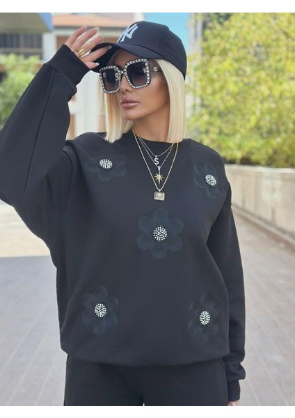 5756 Çiçekli Sweat Siyah