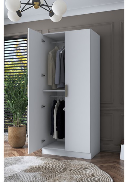 BA159 Gardırop 2 Kapaklı Raflı 2 Askılı Elbise Dolabı Beyaz