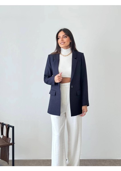 Yün Efekt Tek Düğme Lacivert Blazer Ceket indirimleri