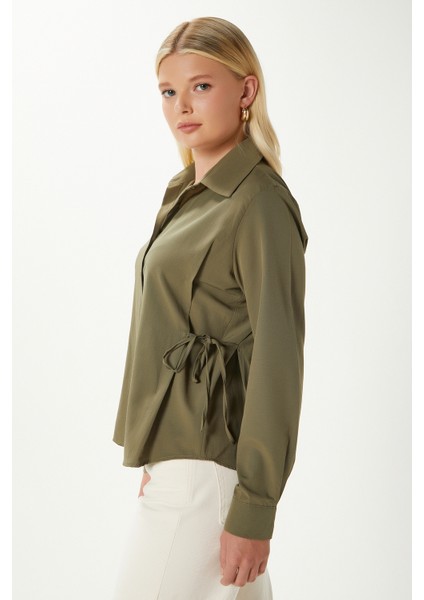 Kadın Adrian Yan Bağlama Detaylı Haki Gömlek