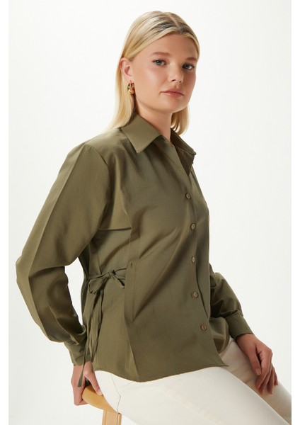 Kadın Adrian Yan Bağlama Detaylı Haki Gömlek modelleri