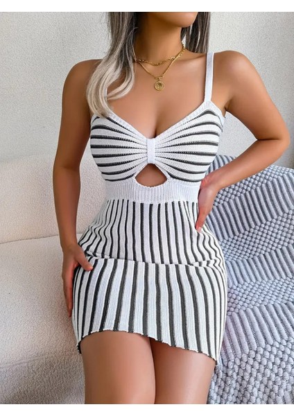 Eyesof Kadın Kolsuz Askılı Pencere Detay Şerit Desen Mini Triko Elbise indirimleri