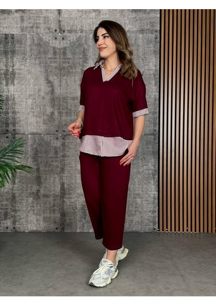 Eyesof Kadın Modal Kumaş Çizgili Gömlek Yaka Ikili Takım