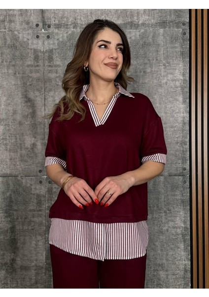 Eyesof Kadın Modal Kumaş Çizgili Gömlek Yaka Ikili Takım fırsatları