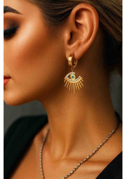 Altın Renk Çelik Nazar Boncuklu Göz Kadın Çelik Küpe
