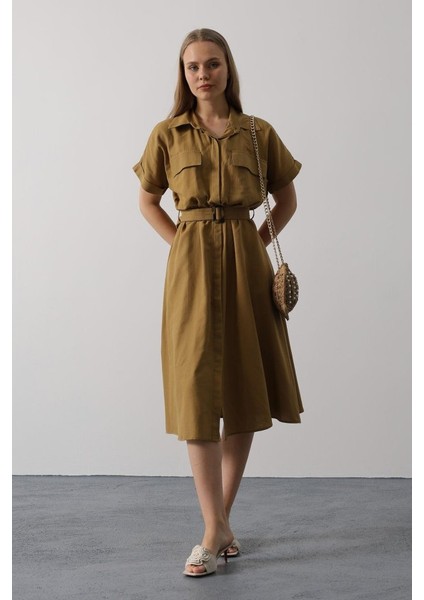 Eyesof Kuşaklı Cep Detaylı Yarım Kol Elbise - Yağ Yeşili