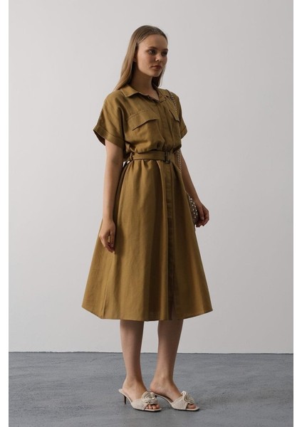 Eyesof Kuşaklı Cep Detaylı Yarım Kol Elbise - Yağ Yeşili fiyatları