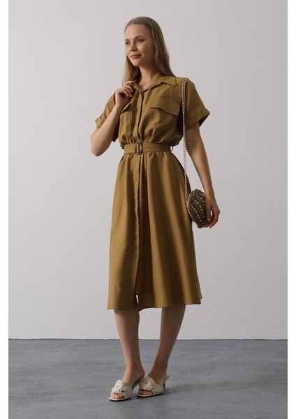 Eyesof Kuşaklı Cep Detaylı Yarım Kol Elbise - Yağ Yeşili fırsatları