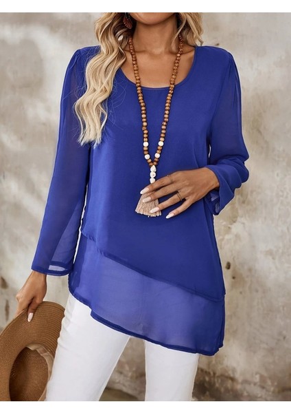 Eyesof Kadın Uzun Kollu Yuvarlak Asimetrik Detaylı Şifon Bluz modelleri