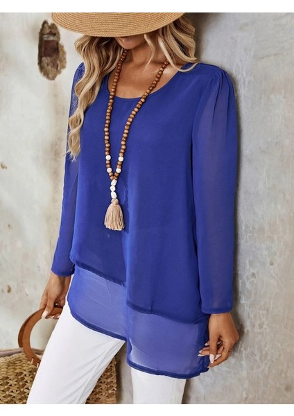 Eyesof Kadın Uzun Kollu Yuvarlak Asimetrik Detaylı Şifon Bluz indirimleri