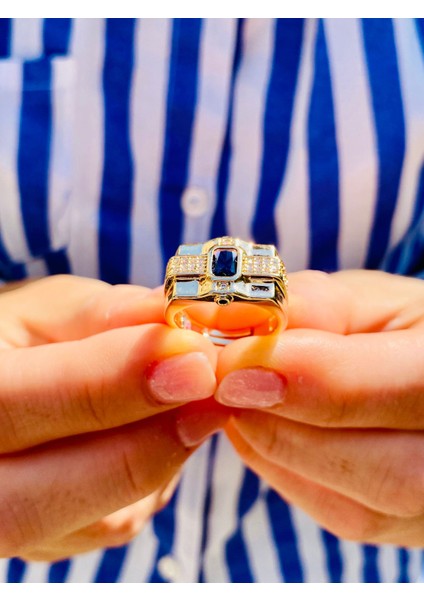 Safir Taşlı Altın Renk Zirkon Taşlı Ayarlanabilir Tasarım Yüzük