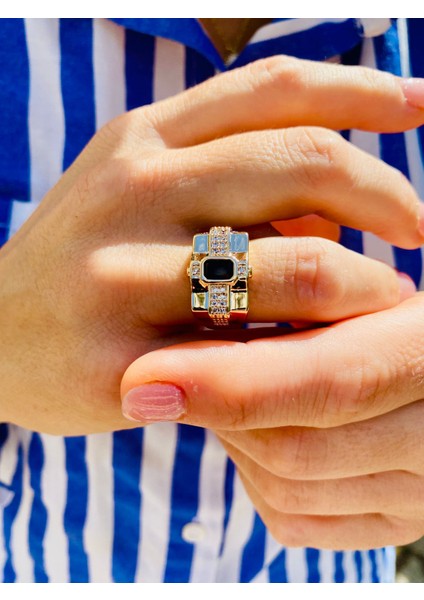 Safir Taşlı Altın Renk Zirkon Taşlı Ayarlanabilir Tasarım Yüzük fırsatları