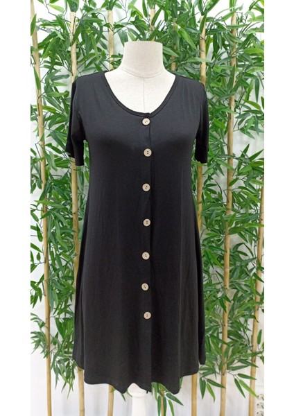 Eyesof Kadın Kısa Kollu V Yaka Önü Düğmeli Viskon Elbise