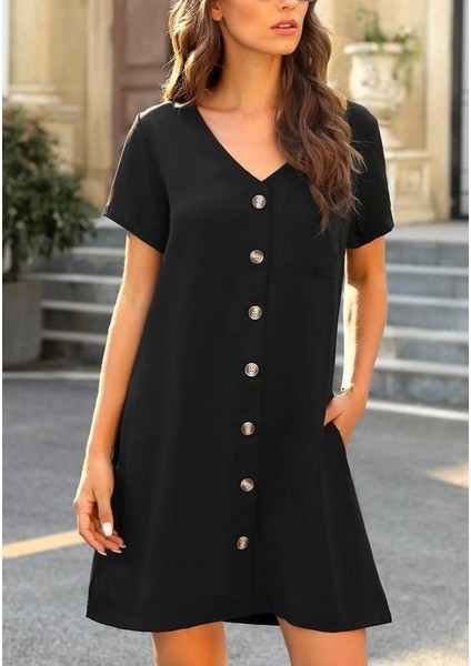Eyesof Kadın Kısa Kollu V Yaka Önü Düğmeli Viskon Elbise