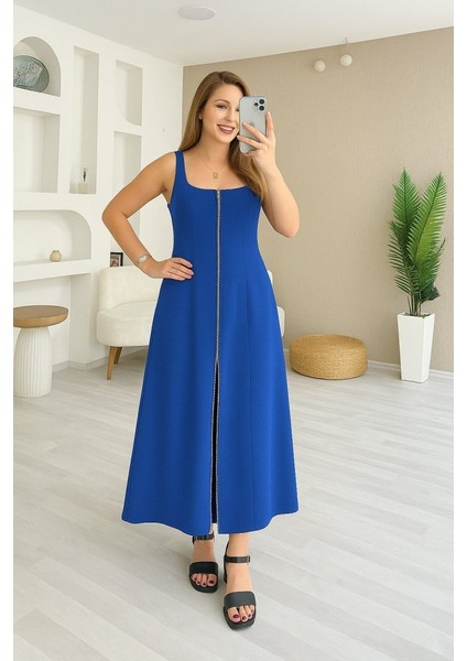 Eyesof Kadın Askılı Kare Yaka Önden Fermuarlı Geniş Kesim Janjan Krep Elbise