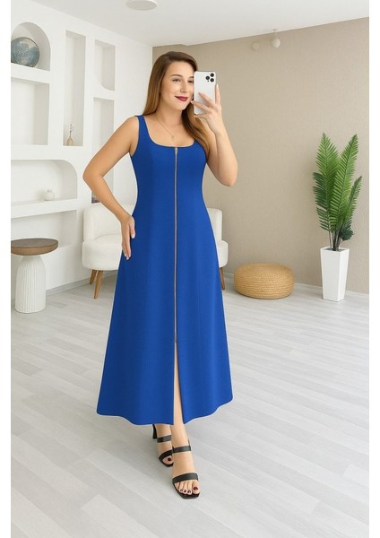 Eyesof Kadın Askılı Kare Yaka Önden Fermuarlı Geniş Kesim Janjan Krep Elbise modelleri