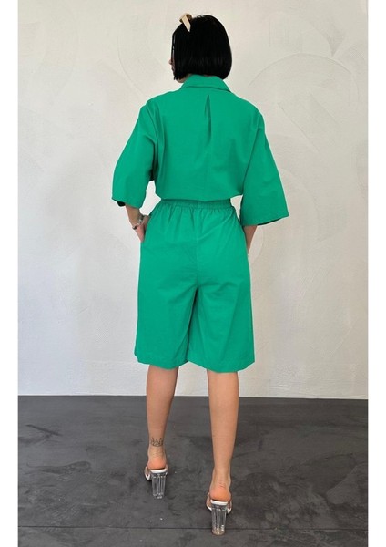 Eyesof Yeşil Kısa Kollu Keten Gömlek ve Şort Takım