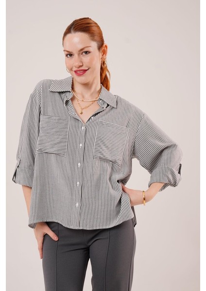 Eyesof Yarasa Kol Çizgili Cep Detaylı Gri Gömlek indirimleri
