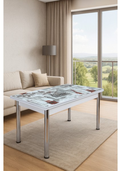 Yandan Açılır Büyüyen Cam Mutfak Masası Dünya Desen 70 x 110