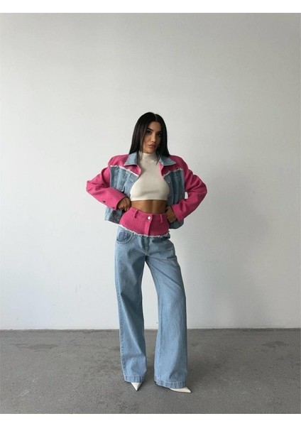 Eyesof Parçalı Kot Ceket - Pantolon Takım - Fuşya modelleri