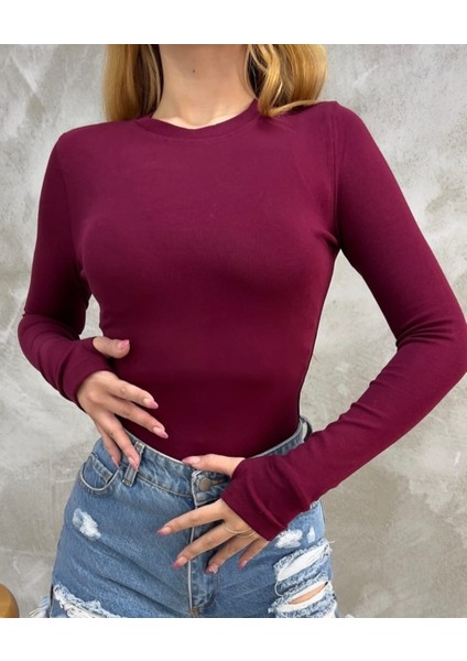 Kadın Modal Kumaş Yumuşak Esnek Bisiklet Yaka Parmak Geçirmeli Body