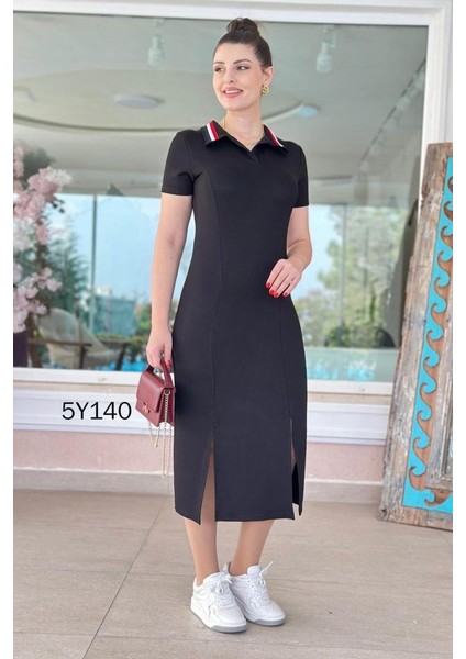 Eyesof Kadın Yaka Ribanalı Çift Yırtmaçlı Elbise