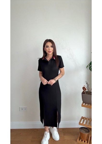 Eyesof Kadın Yaka Ribanalı Çift Yırtmaçlı Elbise