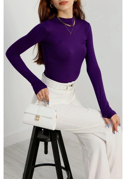 Kadın Modal Kumaş Yumuşak Esnek Bisiklet Yaka Parmak Geçirmeli Body