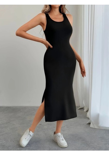 Eyesof Kadın Askılı Yuvarlak Yakalı Yandan Yırtmaçlı Arkası Dantel Detaylı Viskon Elbise fiyatları