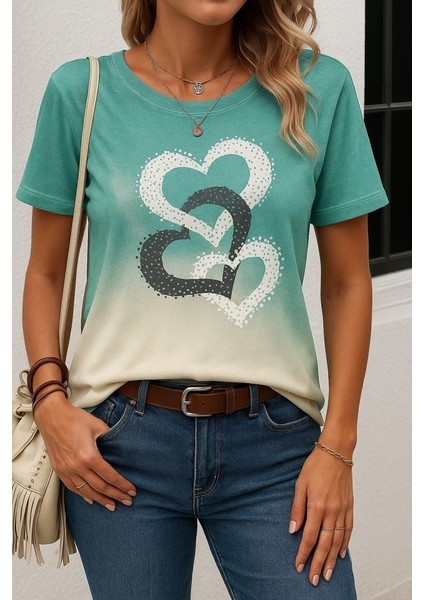 Eyesof Kadın Kısa Kollu Bisiklet Yaka Kalp Baskılı Süprem Bluz