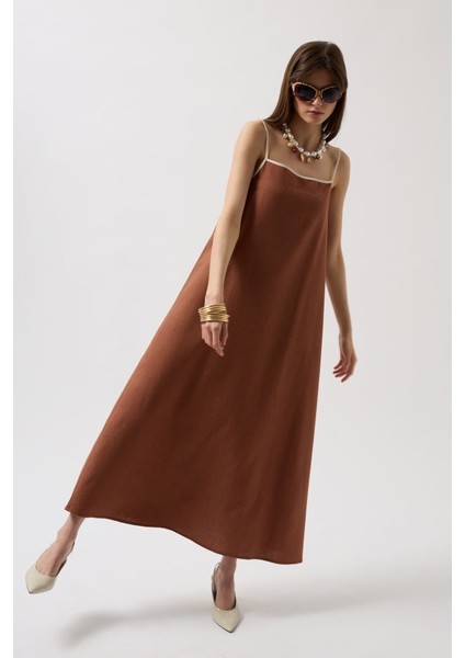 Eyesof Şerit Detay Keten Maxi Elbise