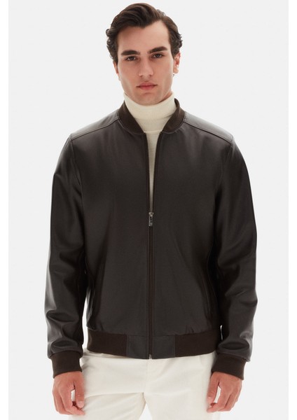 Ds Damat Regular Fit Kahverengi Düz Deri Mont