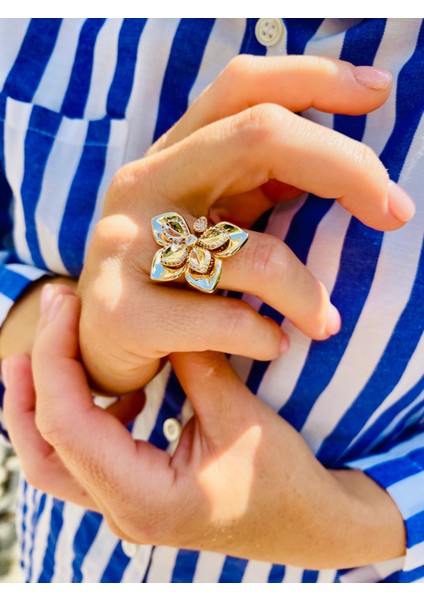 Zirkon Taşlı Altın Renk Ayarlanabilir Tasarım Çiçek Yüzük