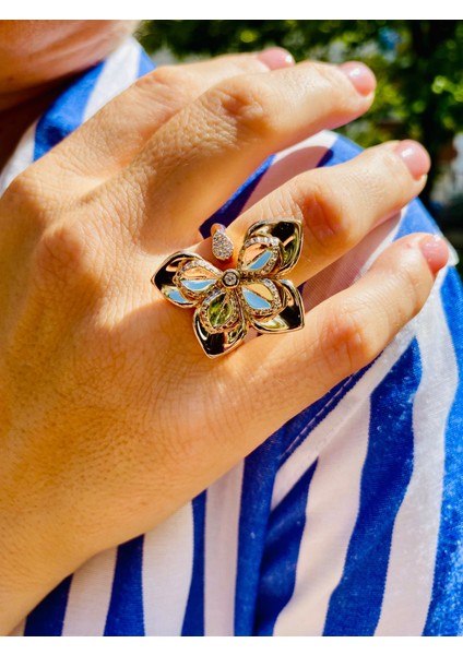 Zirkon Taşlı Altın Renk Ayarlanabilir Tasarım Çiçek Yüzük modelleri