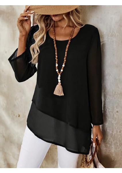 Eyesof Kadın Uzun Kollu Yuvarlak Asimetrik Detaylı Şifon Bluz