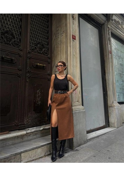 Eyesof Süet Kalem Etek Yırtmaç Detaylı - Taba