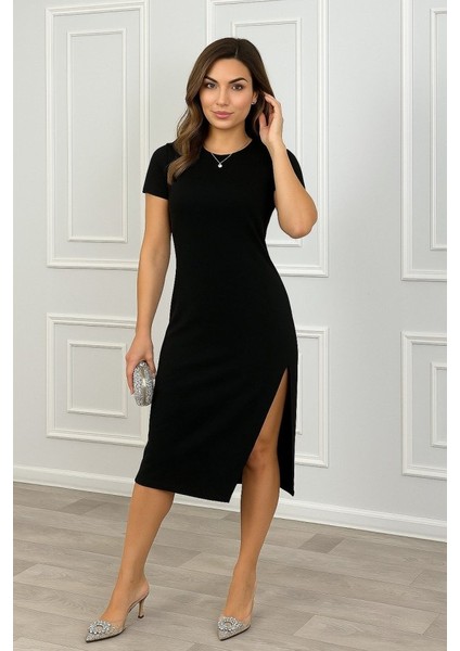 Eyesof Kadın Askılı Yuvarlak Yaka Yandan Yırtmaç ve Büzgü Detaylı Janjan Krep Elbise fiyatları