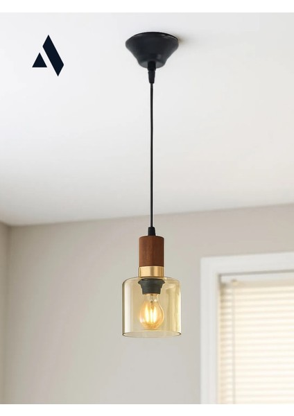 Sienna Tekli Cam Sarkıt Avize – Modern Tasarım, Ahşap ve Gold Detaylı, Ayarlanabilir Uzunluk