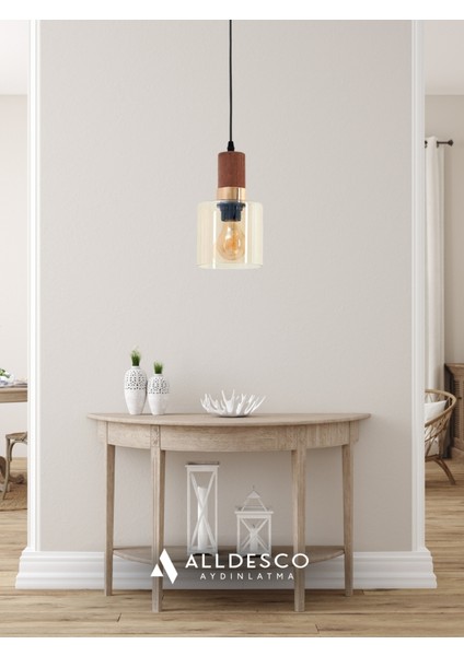 Sienna Tekli Cam Sarkıt Avize – Modern Tasarım, Ahşap ve Gold Detaylı, Ayarlanabilir Uzunluk fiyatları