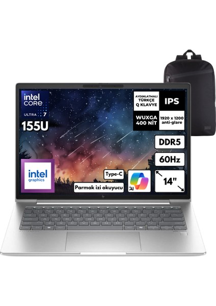 Elitebook 640 G11 Ultra 7-155U 40-Gbddr5 1 Tbssd Intel Graphics 14" Wuxga Windows 10 Pro + Hmf Sırt Çantası B2RK9ESHMF50